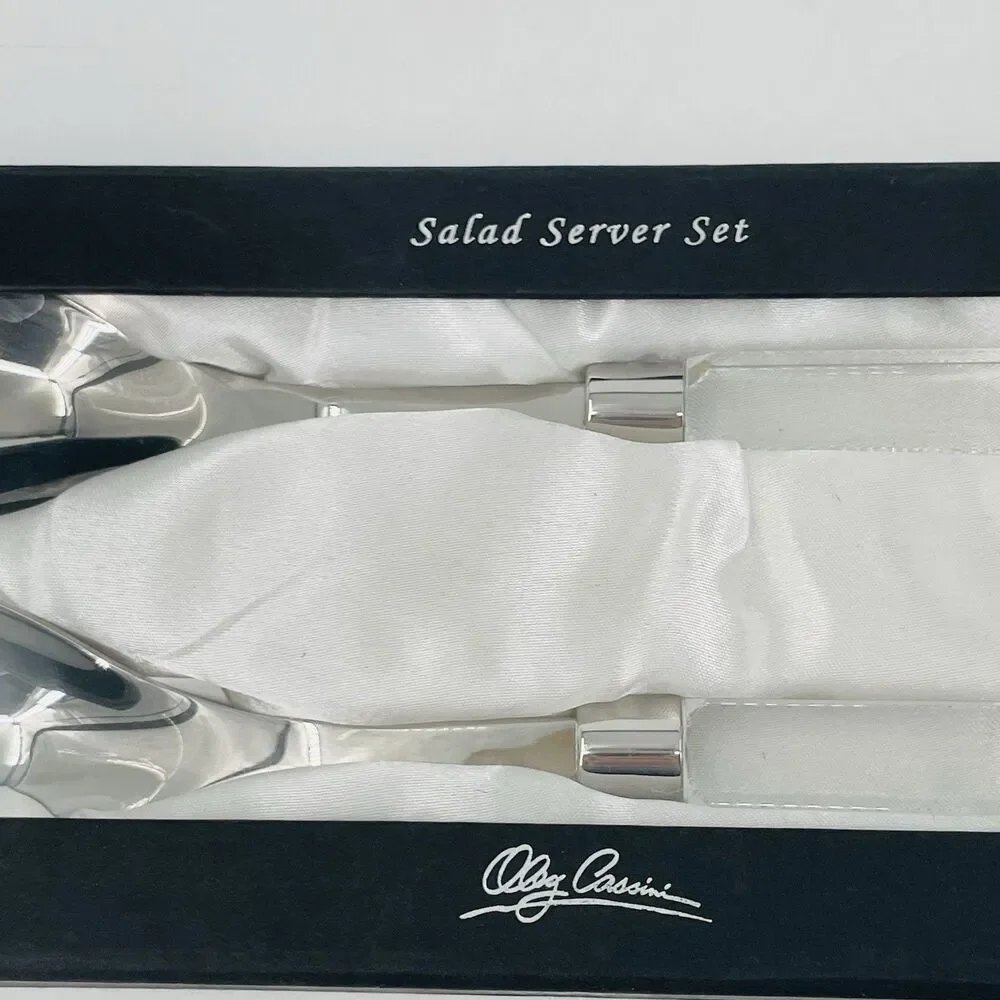 Oleg Cassini Stainless Salad Server Set Crystal Square Handles Satin Lined Box